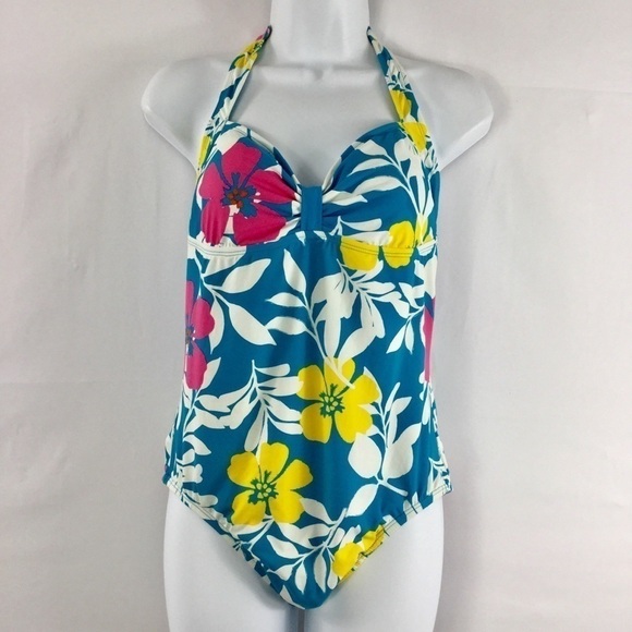 𝅺tommy Hilfiger Tropical Floral Halter Style One-Piece Swimsuit Size Large - Picture 1 of 6